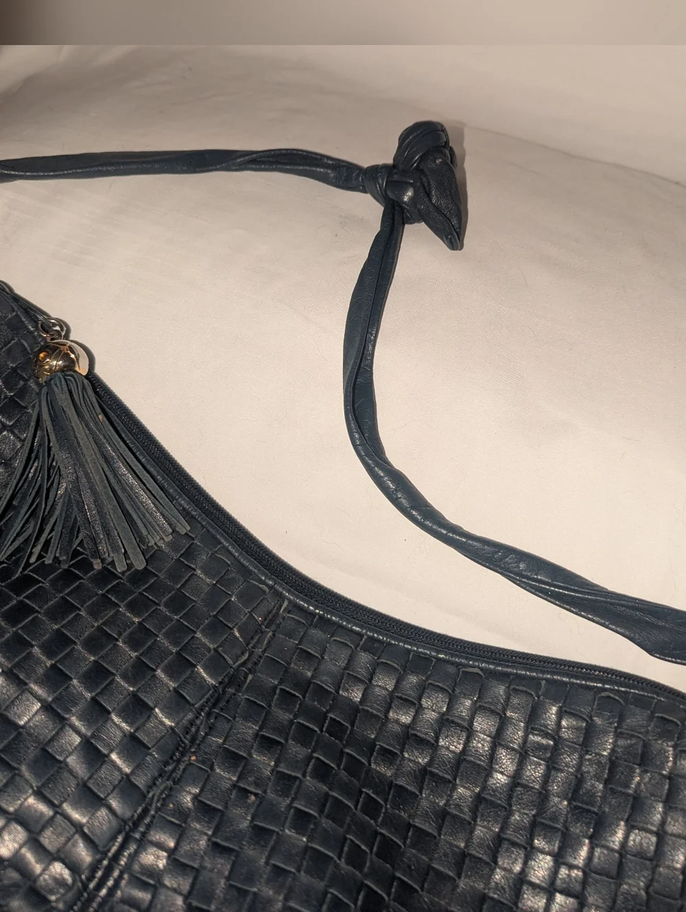 Vintage Woven Leather Hobo Bag In Navy Blue. Made In Korea